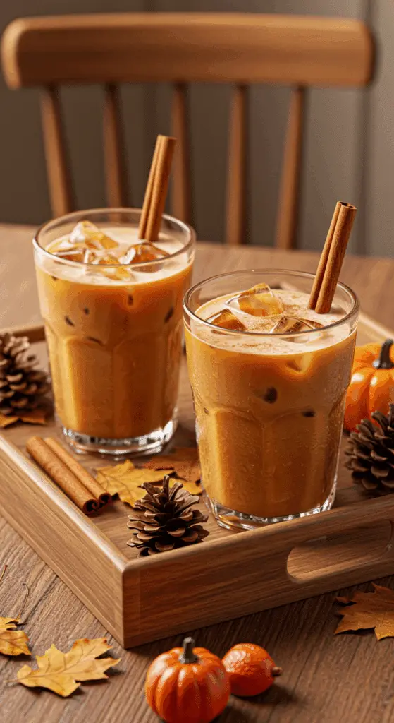 Two iced pumpkin spice lattes served on wooden tray with fall decorations
