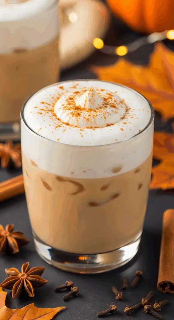Iced pumpkin cream chai tea latte with foam layer and spice dusting
