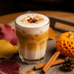 Elegantly served iced pumpkin cream chai latte with autumn decorations