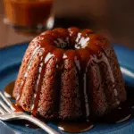 Individual sticky toffee pudding with toffee sauce on dark plate with fork