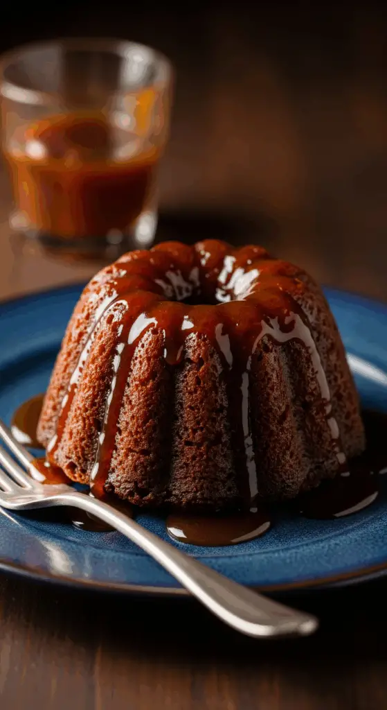 Individual sticky toffee pudding with toffee sauce on dark plate with fork