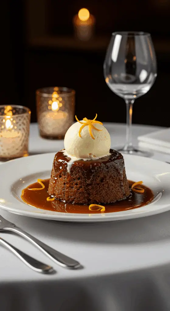 Plated sticky toffee pudding with ice cream and toffee sauce for intimate dining