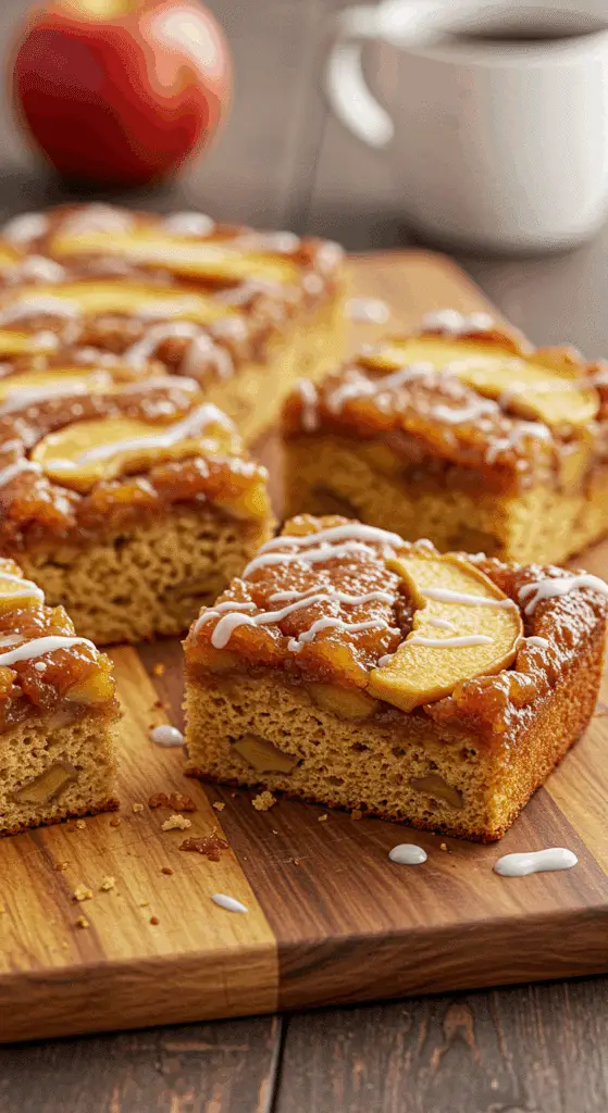 Upside-down apple bread cut into squares showing caramelized apples and icing