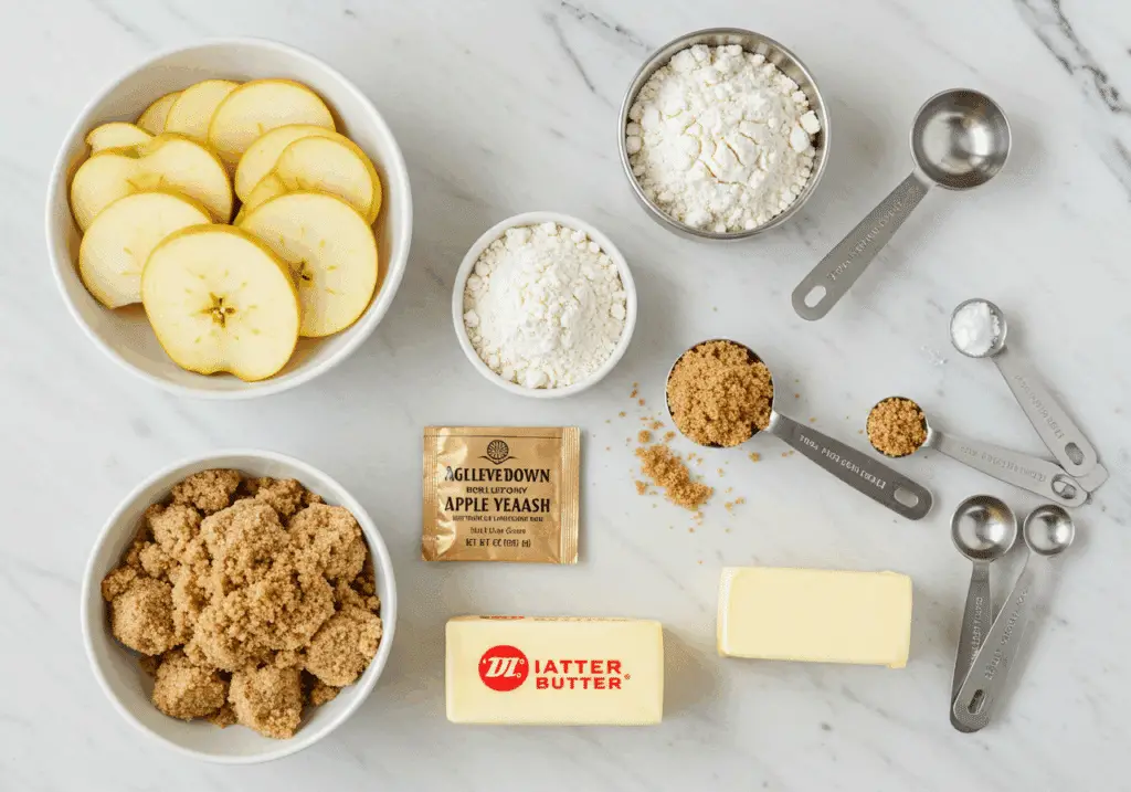 Upside-down apple bread ingredients including sliced apples and yeast